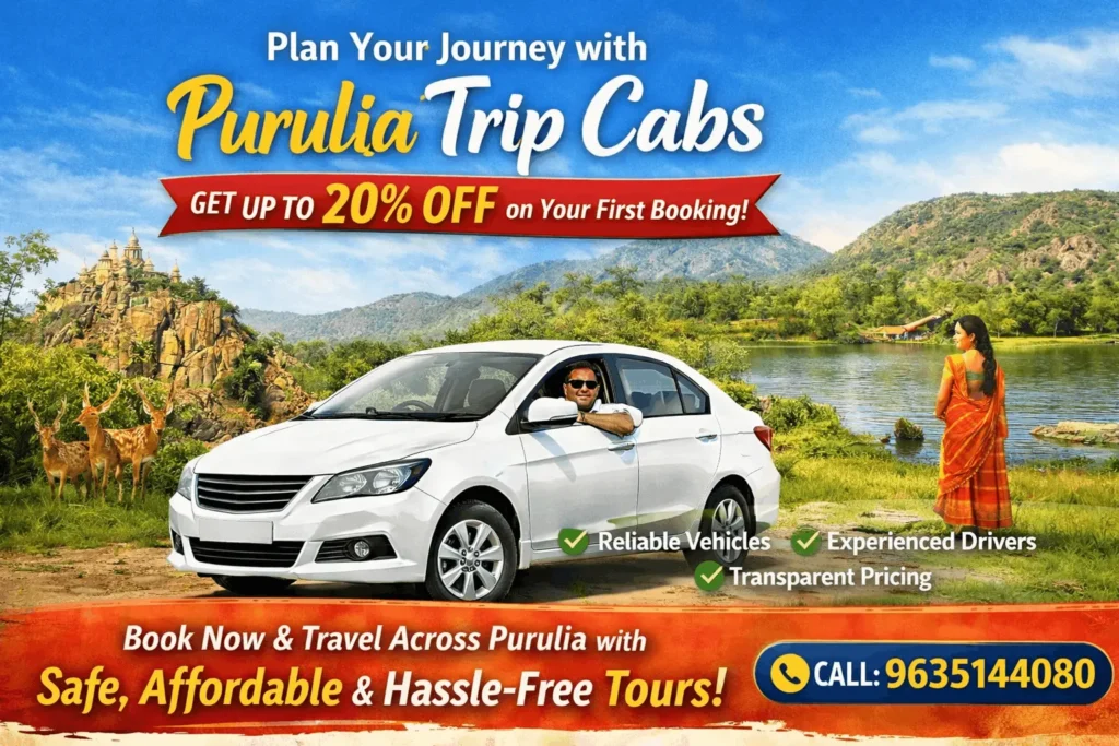 Promotional poster of Purulia Trip Cabs showing a white sedan with a driver, scenic Purulia hills and lake in the background, offering up to 20% discount on first booking with contact number 9635144080.